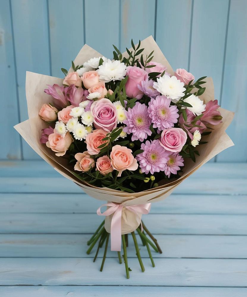 Букет цветов из: Хризантемы, Розы и Альстромерии в Мошенское