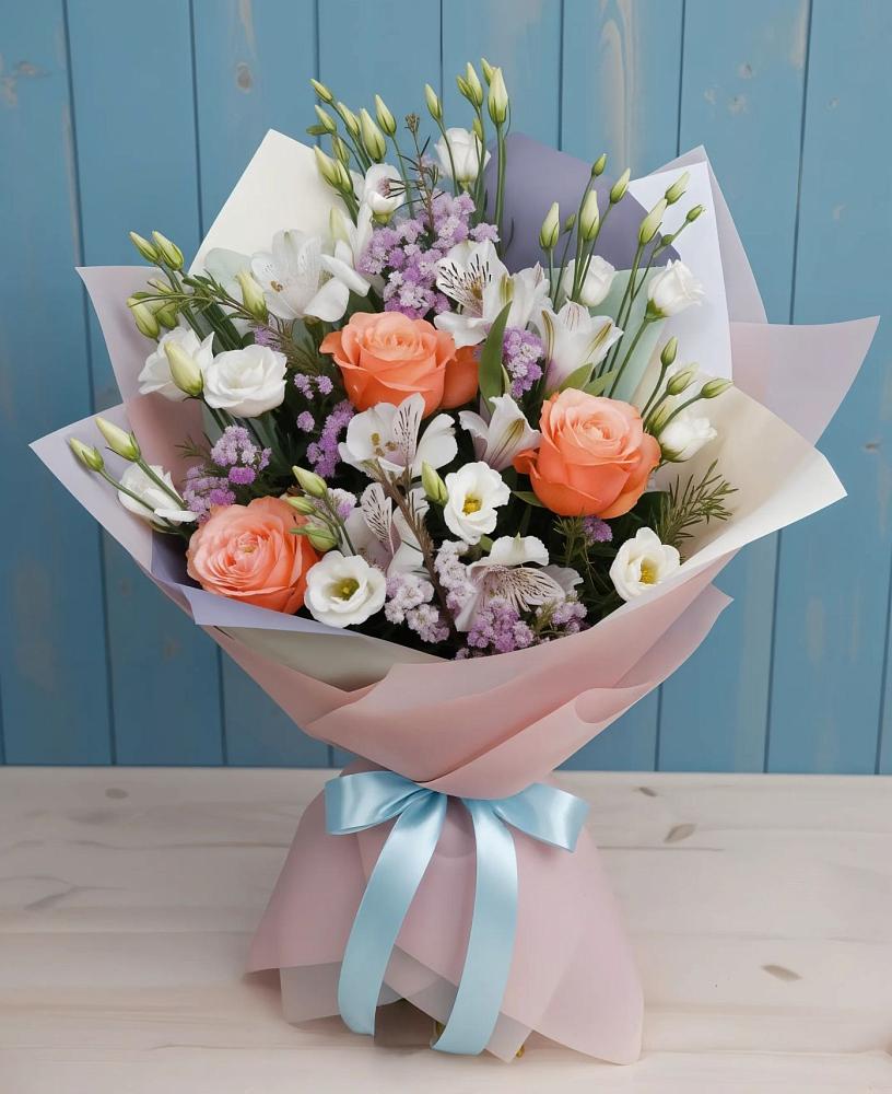 Букет цветов из: Лизиантусы, Розы, Альстромерии и Гипсофила в Мошенское