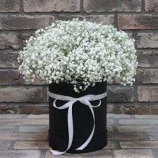 Цветочная композиция из Гипсофила в шляпной коробке в Мошенское