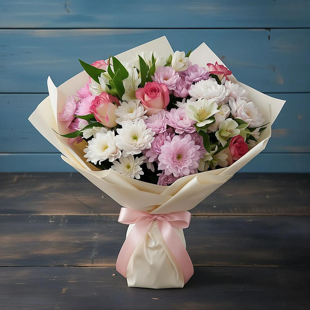 Букет цветов из: Хризантемы, Альстромерии и Розы в Мошенское